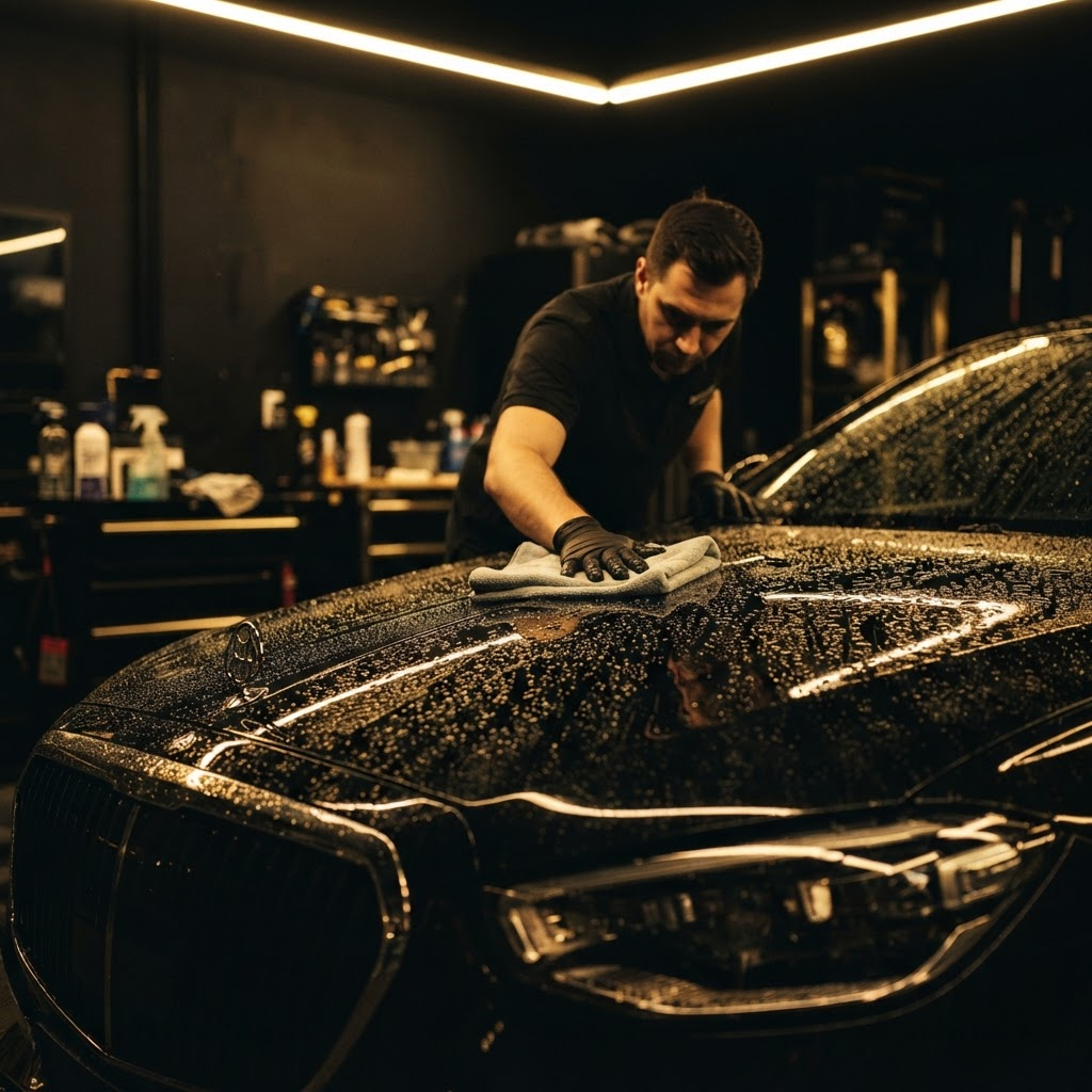 Luxury car being detailed in a professional studio