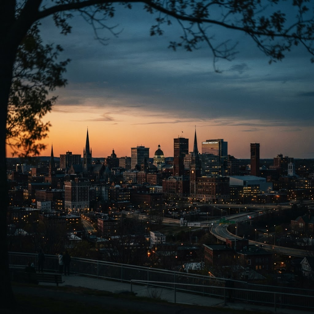 Worcester, Massachusetts skyline at dusk